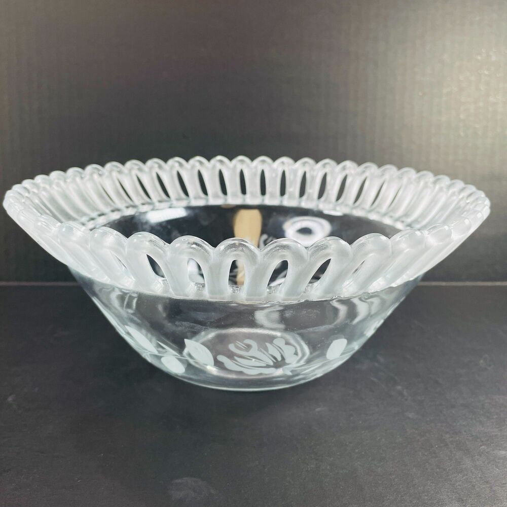Vintage Clear Glass Frosted Laced Edge Fruit Bowl 10" Floral Etched Serving Dish